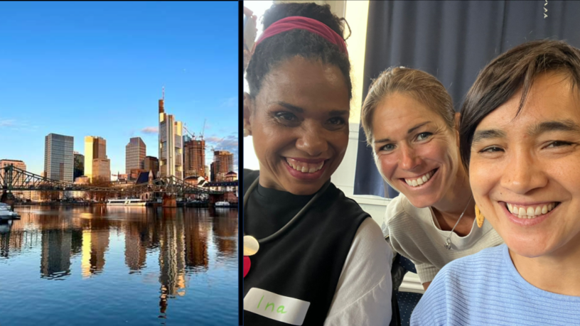 links: Die Frankfurter Skyline (Photo credits: Robert Patterson) rechts: Ina, Miri und ich; aus meiner Rosenheim Undercover Gang vom "Gesichter"-Dreh von vor zwei Jahren